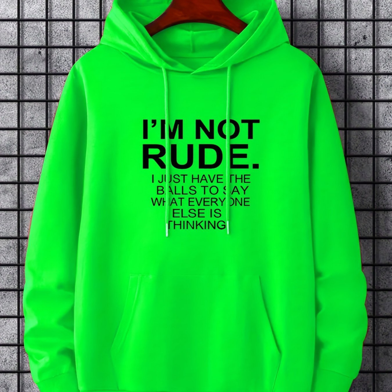 Férfi neonzöld kapucnis pulóver "I 'M NOT RUDE" grafikával - casual poliészter anyagból