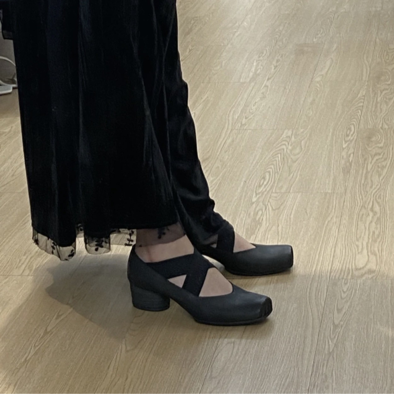 Báránybőr változat ~ Valódi bőr balettcipők Női retró vastag sarkú cipők francia szögletes orrú tündér stílusú Mary Jane magassarkú