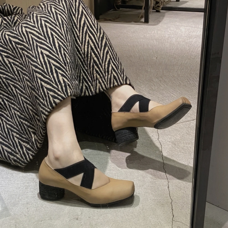 Báránybőr változat ~ Valódi bőr balettcipők Női retró vastag sarkú cipők francia szögletes orrú tündér stílusú Mary Jane magassarkú