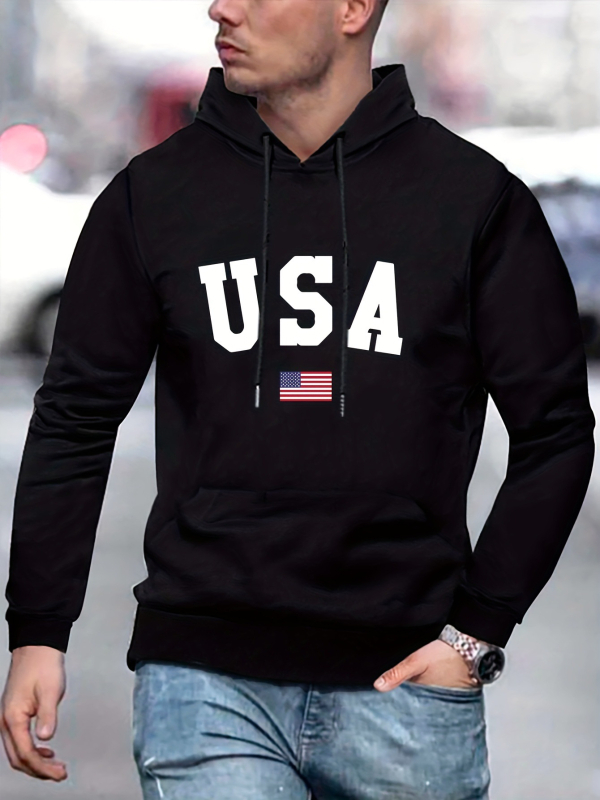 Plus Size Férfi S-es Kapucnis Pulóver USA Zászlómintával