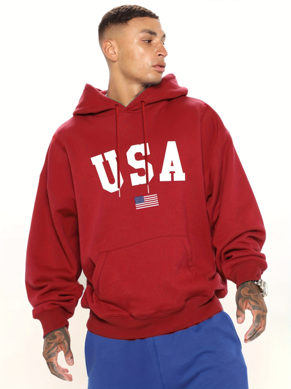 Plus Size Férfi S-es Kapucnis Pulóver USA Zászlómintával
