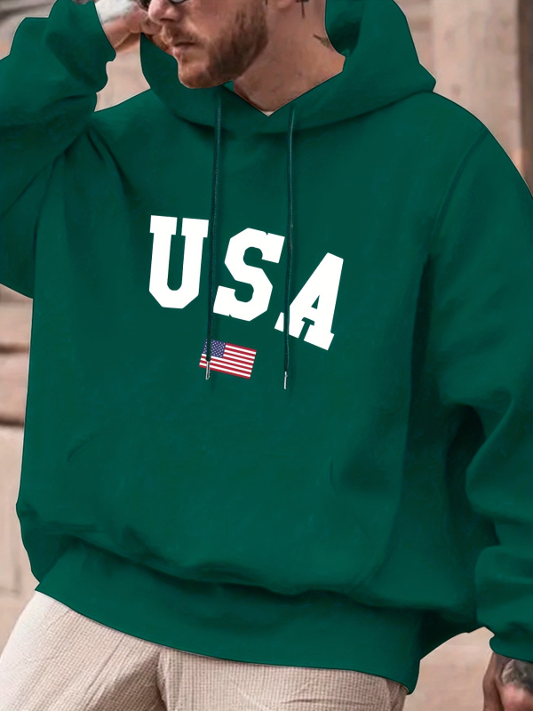 Plus Size Férfi S-es Kapucnis Pulóver USA Zászlómintával