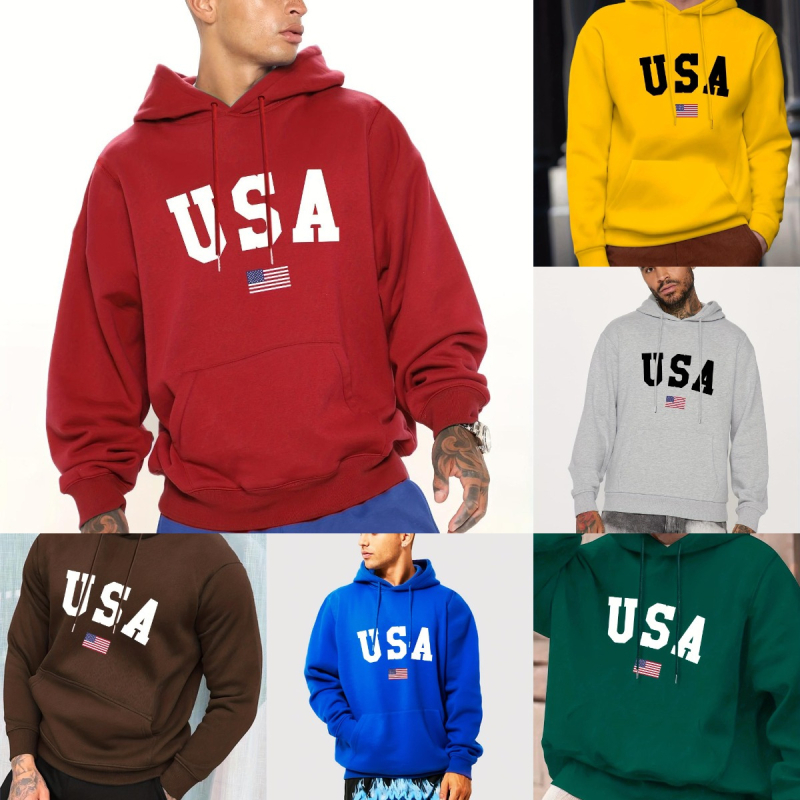Plus Size Férfi S-es Kapucnis Pulóver USA Zászlómintával