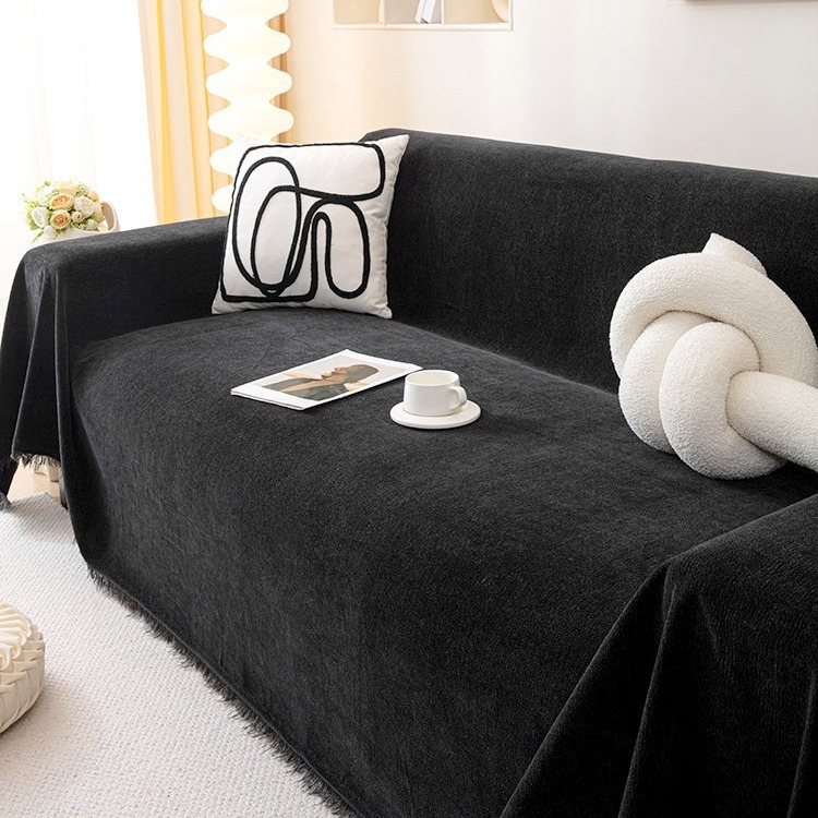 Kiváló minőségű, foltálló fekete zsenília kanapéhuzat szövet kanapétörölköző, négy évszakos univerzális, egyrészes, teljes huzatú kanapétakaró