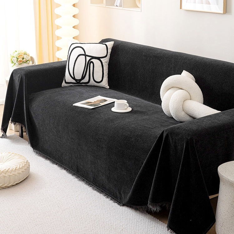 Kiváló minőségű, foltálló fekete zsenília kanapéhuzat szövet kanapétörölköző, négy évszakos univerzális, egyrészes, teljes huzatú kanapétakaró