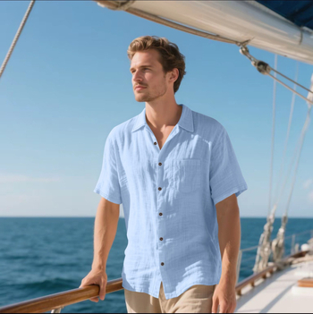 Ανδρικό λινό πουκάμισο Cross-Border Tk με κοντομάνικο μανίκι, casual, αναπνεύσιμο πουκάμισο με κουμπιά, καλοκαιρινό τοπ για διακοπές και παραλία με τσέπες