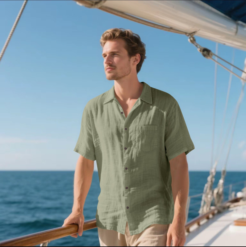 Cross-Border Tk Férfi Vászon Rövid Ujjú Ing Lezser Lélegző Gombos Ing Vakációs Strand Nyári Felső Zsebesekkel