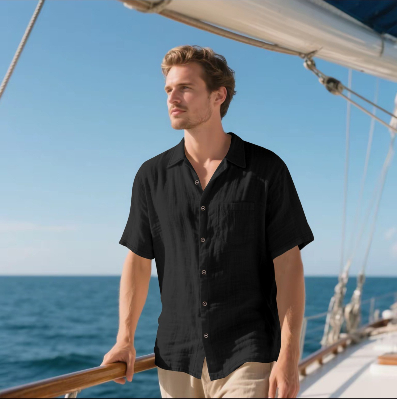 Cross-Border Tk Férfi Vászon Rövid Ujjú Ing Lezser Lélegző Gombos Ing Vakációs Strand Nyári Felső Zsebesekkel