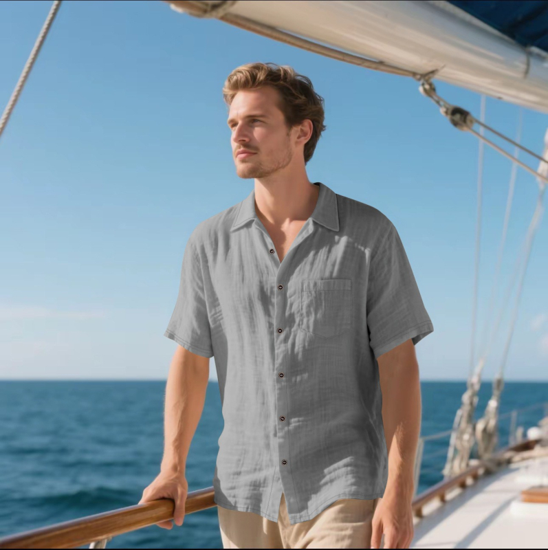 Cross-Border Tk Férfi Vászon Rövid Ujjú Ing Lezser Lélegző Gombos Ing Vakációs Strand Nyári Felső Zsebesekkel