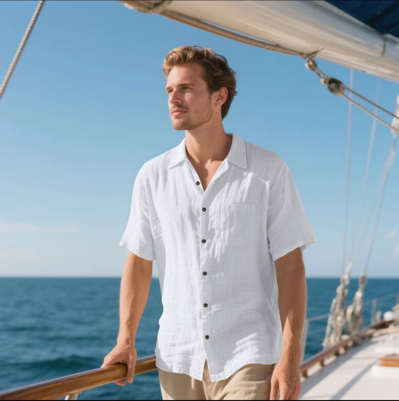 Cross-Border Tk Férfi Vászon Rövid Ujjú Ing Lezser Lélegző Gombos Ing Vakációs Strand Nyári Felső Zsebesekkel