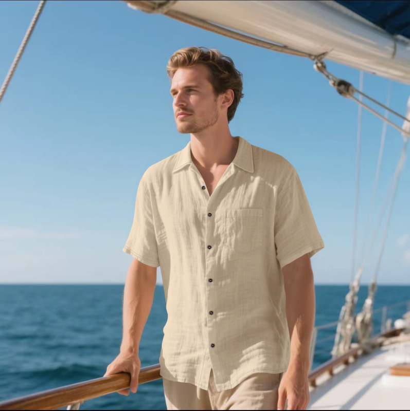 Cross-Border Tk Férfi Vászon Rövid Ujjú Ing Lezser Lélegző Gombos Ing Vakációs Strand Nyári Felső Zsebesekkel