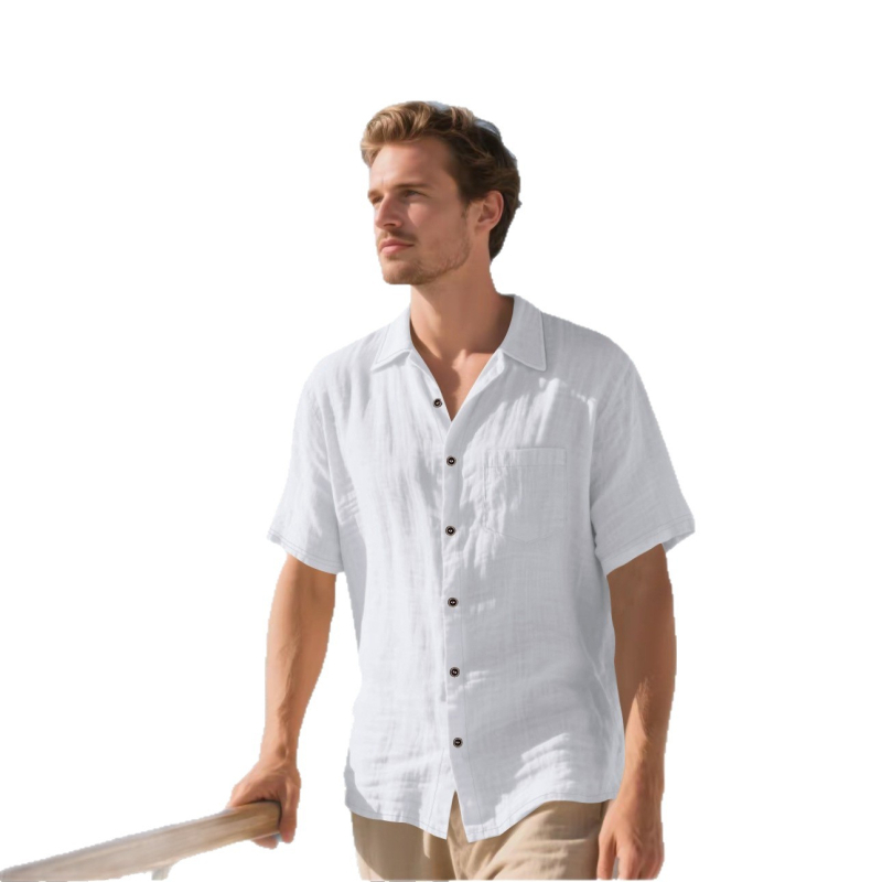 Cross-Border Tk Férfi Vászon Rövid Ujjú Ing Lezser Lélegző Gombos Ing Vakációs Strand Nyári Felső Zsebesekkel