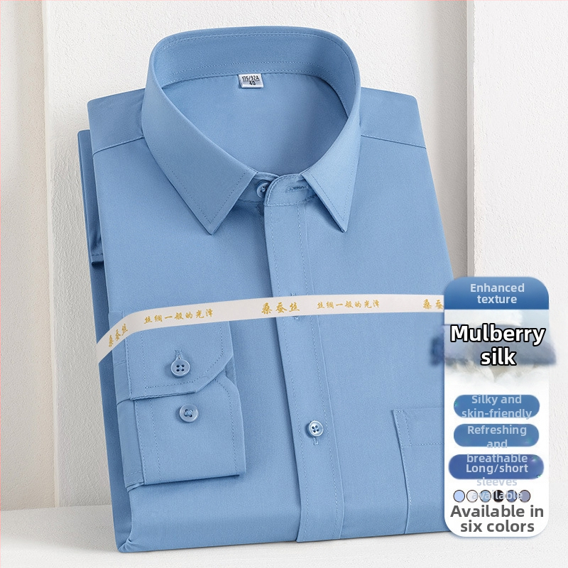 2025 tavaszi és őszi új férfi fiatal és középkorú Lassel üzleti divatos hétköznapi hosszú ujjú ing eper selyemmel