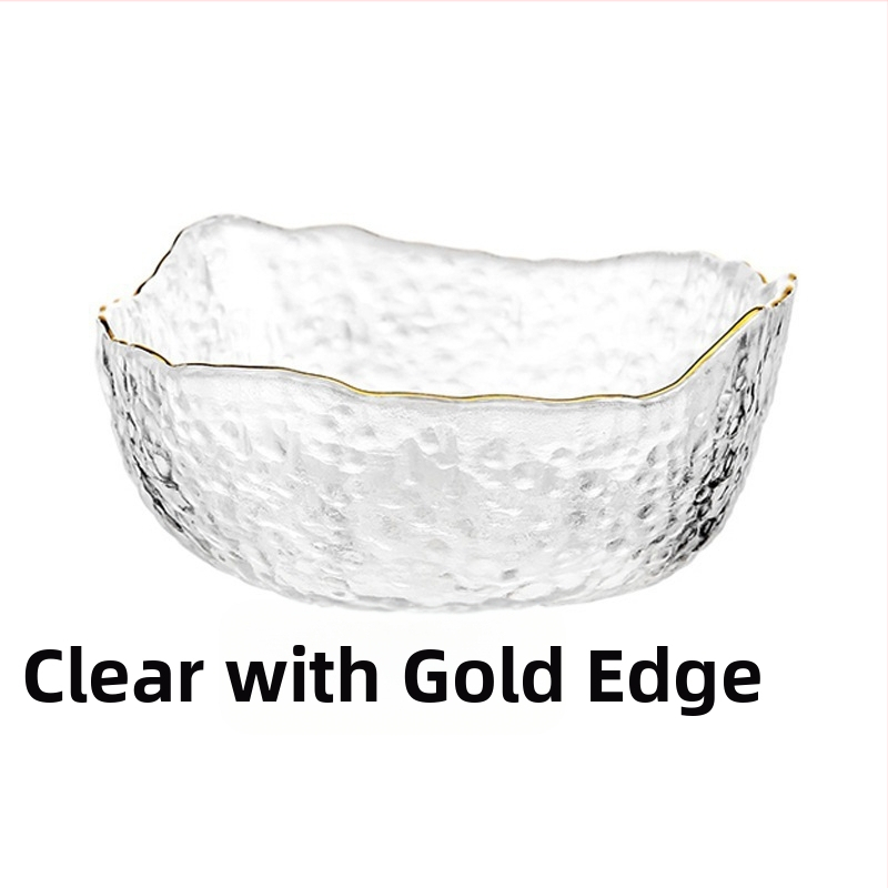 Haamriga töödeldud ebakorrapärane kuldse äärega klaasist salatikauss koduseks kasutamiseks, läbipaistev majapidamiskauss, luksusliku ilmega puuviljakauss