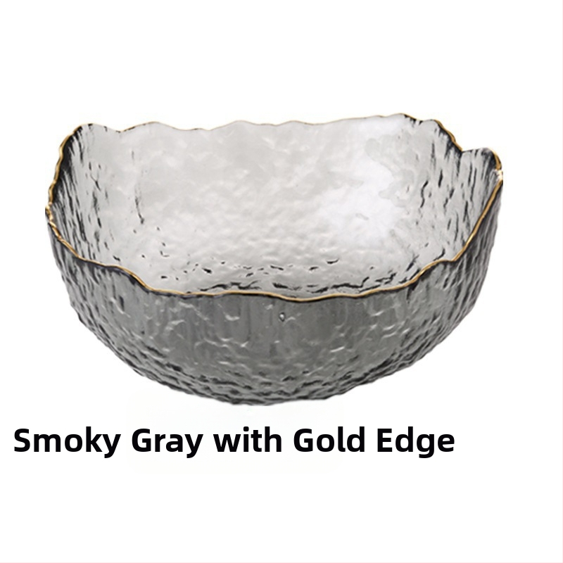 Haamriga töödeldud ebakorrapärane kuldse äärega klaasist salatikauss koduseks kasutamiseks, läbipaistev majapidamiskauss, luksusliku ilmega puuviljakauss