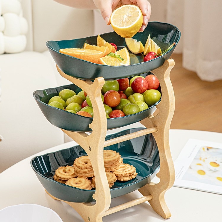 Medžio imitacijos namų apyvokos reikmenų daugiasluoksnė namų apyvokos reikmenų vaisių lėkštė saldainių vaisių lėkštė trijų sluoksnių dvigubo sluoksnio plastikinė lentynėlė vaisių lėkštė