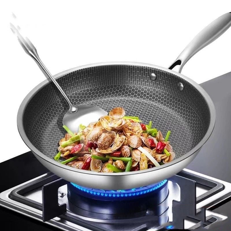 Διασυνοριακό Wok από ανοξείδωτο ατσάλι, αντικολλητικό τηγάνι οικιακής χρήσης, μη επικαλυμμένο τηγάνι, επαγωγική κουζίνα Wok, τηγάνι