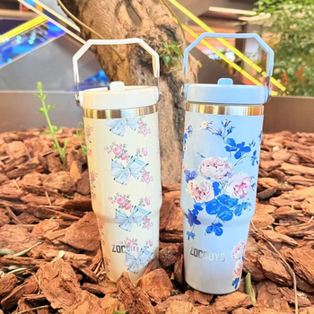 Φορητό ποτήρι αυτοκινήτου 30oz από ανοξείδωτο ατσάλι, φορητό, μεγάλης χωρητικότητας, για εξωτερικούς χώρους, με δημιουργικό λουλούδι