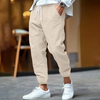 2025 Új Amazon Alkalmi Divat Pamut és Len Férfi Nadrág Nyári Lélegző Lábszárnadrág Strandnadrág Húzózsinóros Nadrág