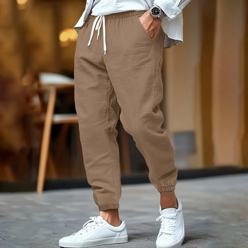 2025 Új Amazon Alkalmi Divat Pamut és Len Férfi Nadrág Nyári Lélegző Lábszárnadrág Strandnadrág Húzózsinóros Nadrág