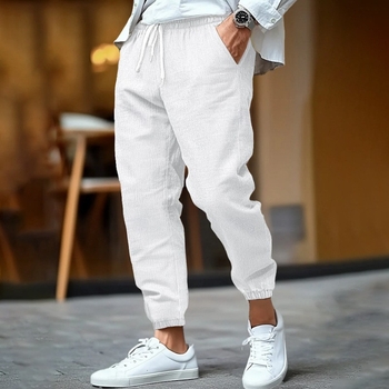 2025 Új Amazon Alkalmi Divat Pamut és Len Férfi Nadrág Nyári Lélegző Lábszárnadrág Strandnadrág Húzózsinóros Nadrág