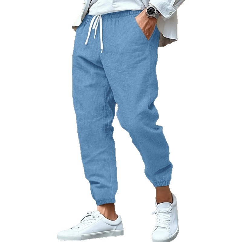 2025 Új Amazon Alkalmi Divat Pamut és Len Férfi Nadrág Nyári Lélegző Lábszárnadrág Strandnadrág Húzózsinóros Nadrág