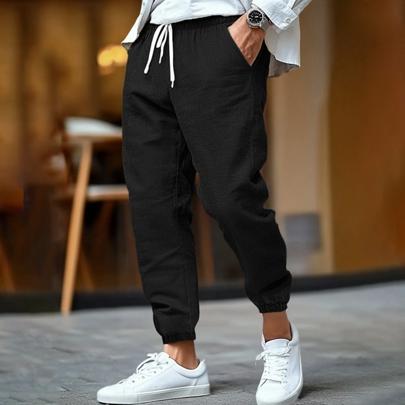 2025 Új Amazon Alkalmi Divat Pamut és Len Férfi Nadrág Nyári Lélegző Lábszárnadrág Strandnadrág Húzózsinóros Nadrág