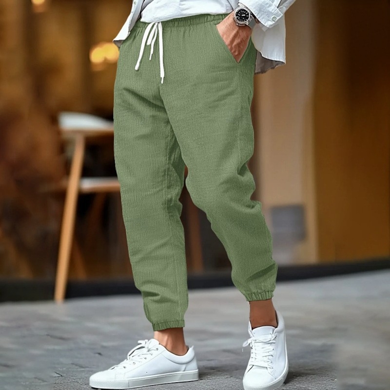 2025 Új Amazon Alkalmi Divat Pamut és Len Férfi Nadrág Nyári Lélegző Lábszárnadrág Strandnadrág Húzózsinóros Nadrág