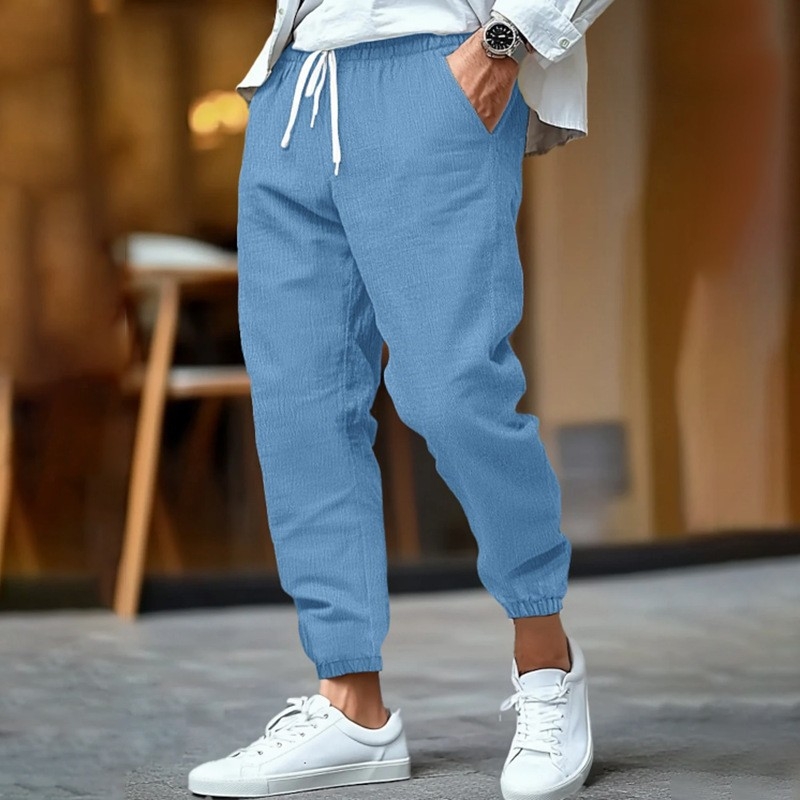 2025 Új Amazon Alkalmi Divat Pamut és Len Férfi Nadrág Nyári Lélegző Lábszárnadrág Strandnadrág Húzózsinóros Nadrág