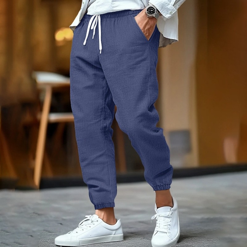 2025 Új Amazon Alkalmi Divat Pamut és Len Férfi Nadrág Nyári Lélegző Lábszárnadrág Strandnadrág Húzózsinóros Nadrág