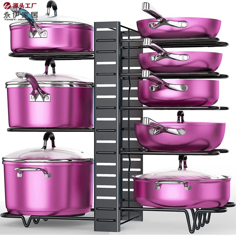 Поставка за съхранение на тенджери, специално проектирана за тенджери, двустранна поставка за тенджери, кухненско съхранение, лесна за разглобяване и сглобяване, вертикална поставка за тенджери от желязна тел, многофункционално съхранение