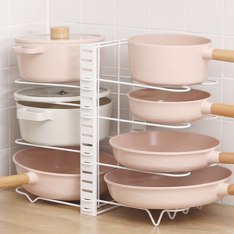 Поставка за съхранение на тенджери, специално проектирана за тенджери, двустранна поставка за тенджери, кухненско съхранение, лесна за разглобяване и сглобяване, вертикална поставка за тенджери от желязна тел, многофункционално съхранение