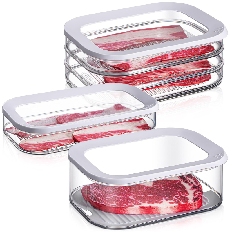 Határokon átnyúló raktáron lévő szalonnás hűtött tárolódoboz fedéllel, élelmiszeripari minőségű fagyasztott konyhai hűtőszekrény speciális műanyag tárolódoboz