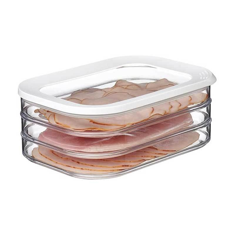 Határokon átnyúló raktáron lévő szalonnás hűtött tárolódoboz fedéllel, élelmiszeripari minőségű fagyasztott konyhai hűtőszekrény speciális műanyag tárolódoboz