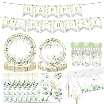 Zsálya eukaliptusz levelek születésnap esküvő babaváró eldobható papír tányér pohár pe terítő húzható zászlókészlet