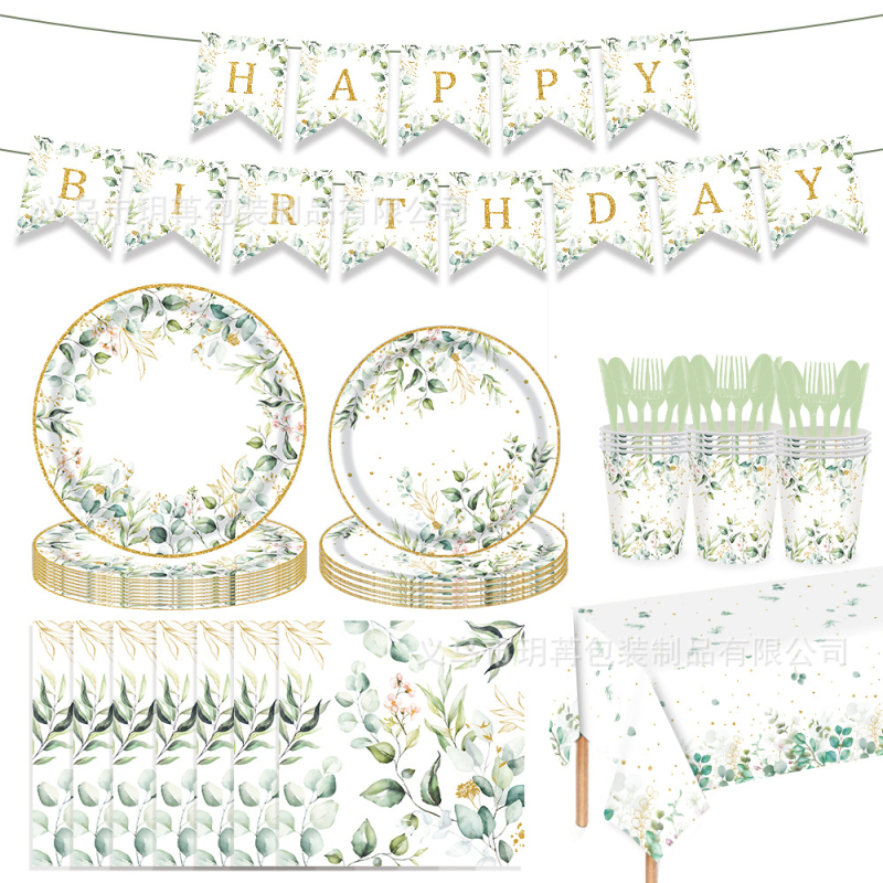 Zsálya eukaliptusz levelek születésnap esküvő babaváró eldobható papír tányér pohár pe terítő húzható zászlókészlet