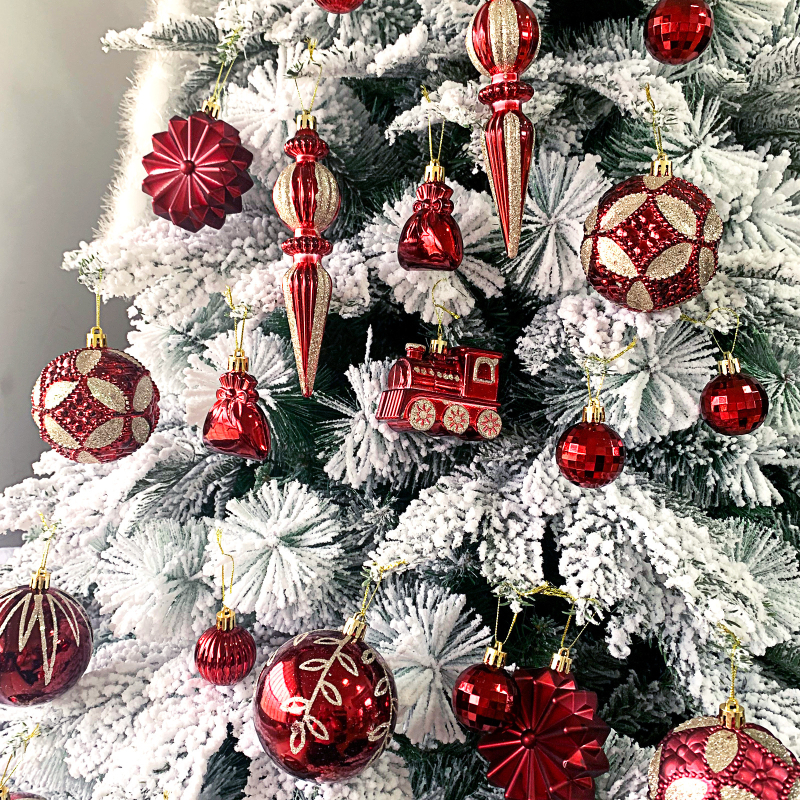 Kalėdinė dekoracija, 60 gabalėlių, padengtų plastikiniu rutuliniu traukiniu, snaigės formos ledo kūgio formos dovanų maišeliu, dažytas kalėdinis rutulinis pakabukas