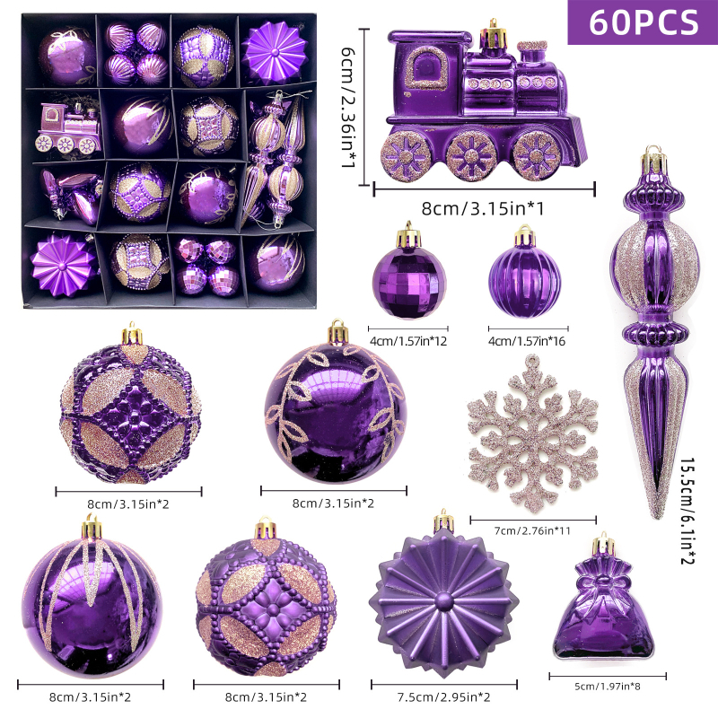 Коледна украса 60 броя покритие оформена пластмасова топка влакче снежинка леден конус подаръчна торбичка боядисана коледна топка висулка
