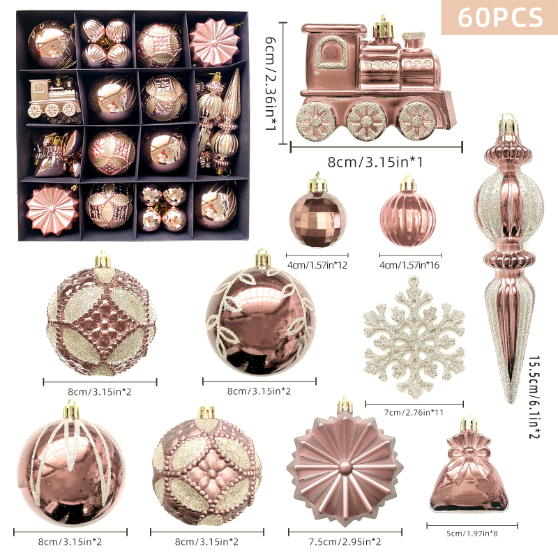 Kalėdinė dekoracija, 60 gabalėlių, padengtų plastikiniu rutuliniu traukiniu, snaigės formos ledo kūgio formos dovanų maišeliu, dažytas kalėdinis rutulinis pakabukas