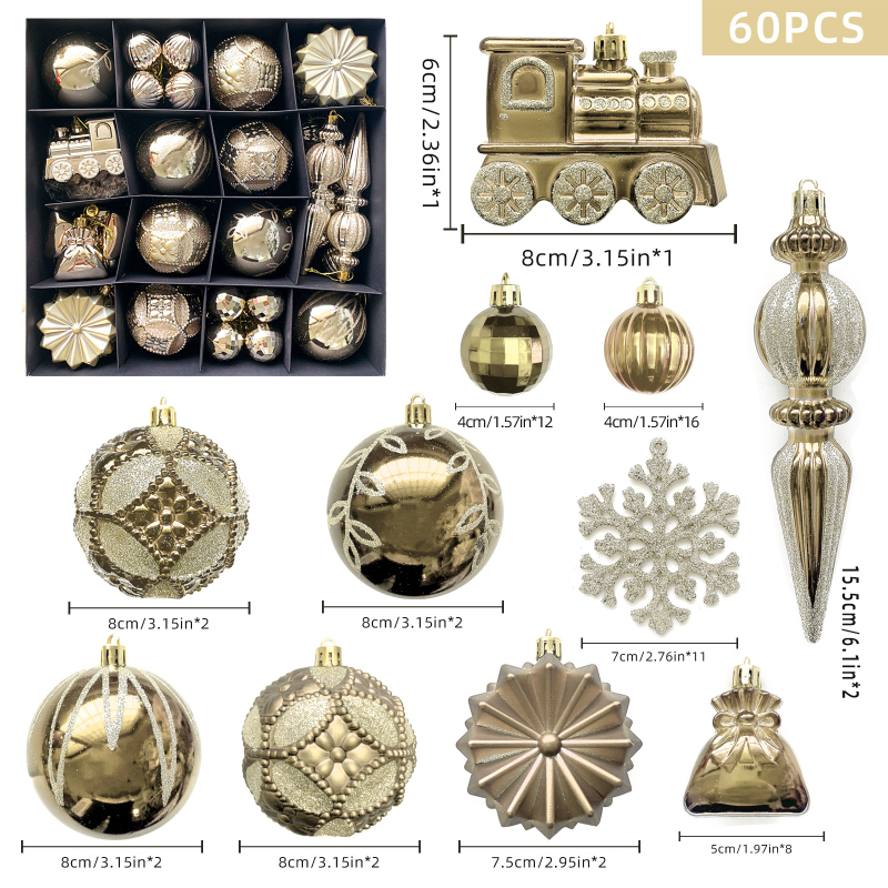 Kalėdinė dekoracija, 60 gabalėlių, padengtų plastikiniu rutuliniu traukiniu, snaigės formos ledo kūgio formos dovanų maišeliu, dažytas kalėdinis rutulinis pakabukas