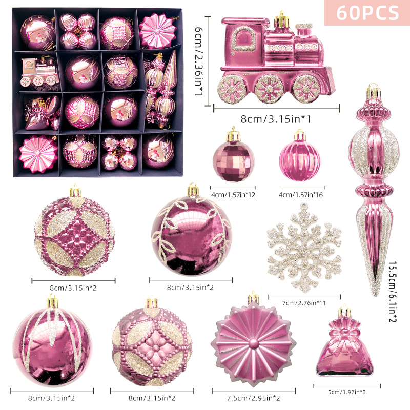 Kalėdinė dekoracija, 60 gabalėlių, padengtų plastikiniu rutuliniu traukiniu, snaigės formos ledo kūgio formos dovanų maišeliu, dažytas kalėdinis rutulinis pakabukas