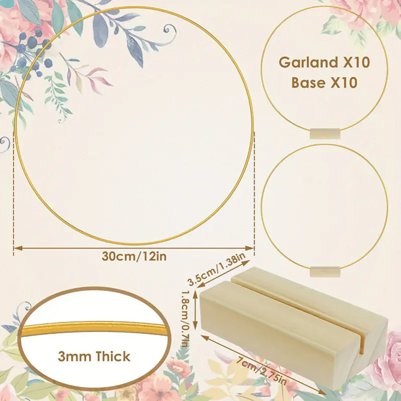 Inel de fier pentru coroană cu bază din lemn, coroană DIY, ornamente de nuntă pentru birou, în stoc, etichetare pentru păr de zi