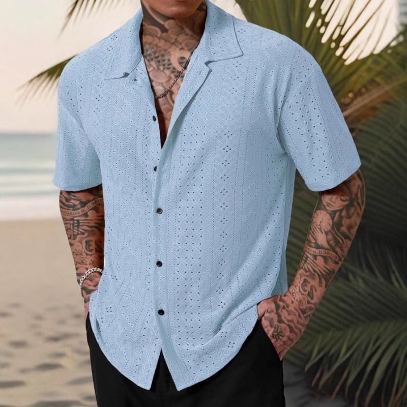 2025 Cămașă casual la modă cu mânecă scurtă, versatilă, cu rever, jacquard, pentru bărbați, pentru primăvară și vară, transfrontalieră europeană și americană, Amazon