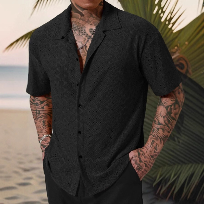 2025 Cămașă casual la modă cu mânecă scurtă, versatilă, cu rever, jacquard, pentru bărbați, pentru primăvară și vară, transfrontalieră europeană și americană, Amazon