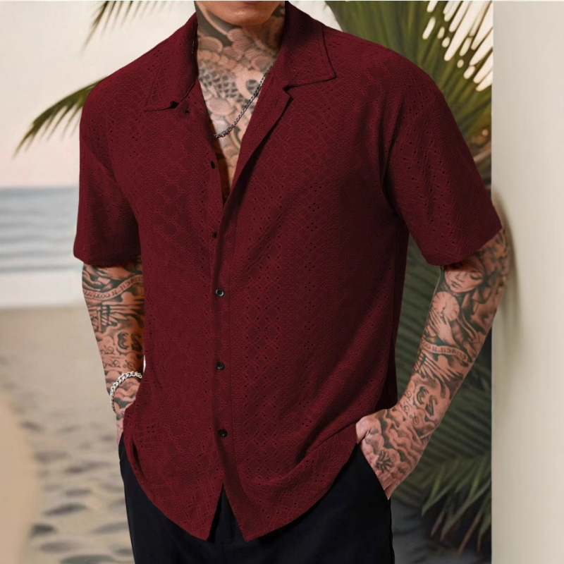 2025 Cămașă casual la modă cu mânecă scurtă, versatilă, cu rever, jacquard, pentru bărbați, pentru primăvară și vară, transfrontalieră europeană și americană, Amazon