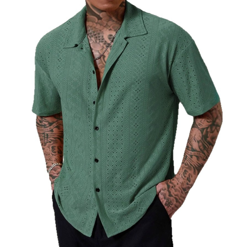 2025 Cămașă casual la modă cu mânecă scurtă, versatilă, cu rever, jacquard, pentru bărbați, pentru primăvară și vară, transfrontalieră europeană și americană, Amazon