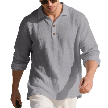 Ανδρικό T-Shirt με μακριά μανίκια, ανοιχτή γραμμή, κλειστό γιακά και κουμπιά, σε άνετη γραμμή, από λινό αμερικάνικου στιλ, σε φθινοπωρινό στυλ, με φθαρμένη γραμμή, σε γραμμή Α, με κουμπιά και φθαρμένο γιακά.