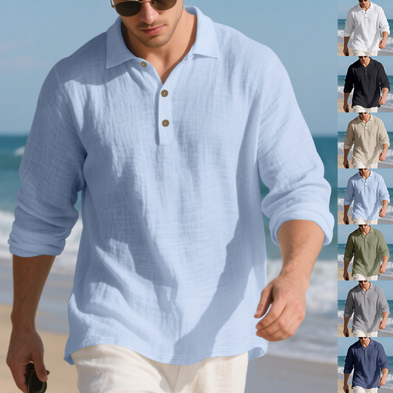 Crossborder Amazon őszi amerikai stílusú vászon póló hosszú ujjú bő szabású lehajtott gallérral gombos hétköznapi üzleti férfi póló