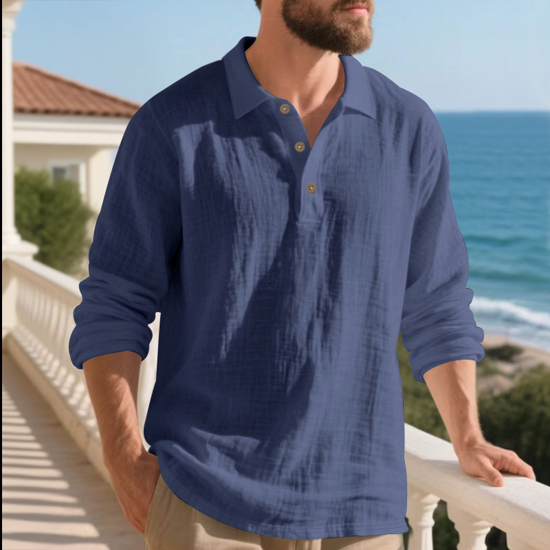 Crossborder Amazon őszi amerikai stílusú vászon póló hosszú ujjú bő szabású lehajtott gallérral gombos hétköznapi üzleti férfi póló