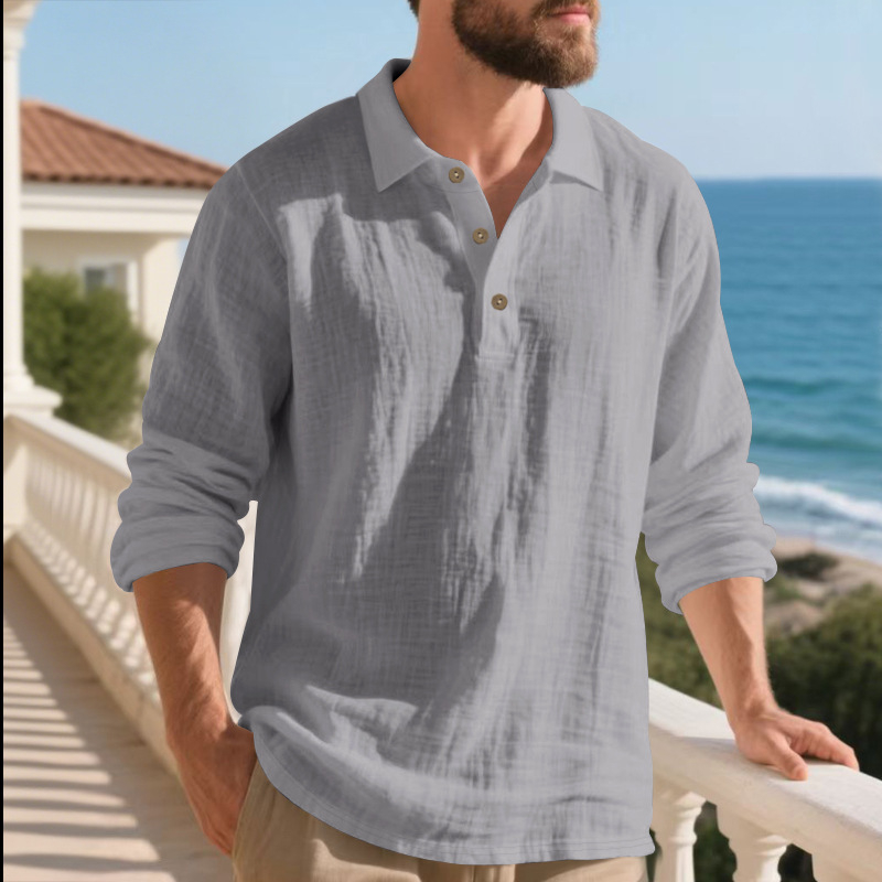 Crossborder Amazon őszi amerikai stílusú vászon póló hosszú ujjú bő szabású lehajtott gallérral gombos hétköznapi üzleti férfi póló